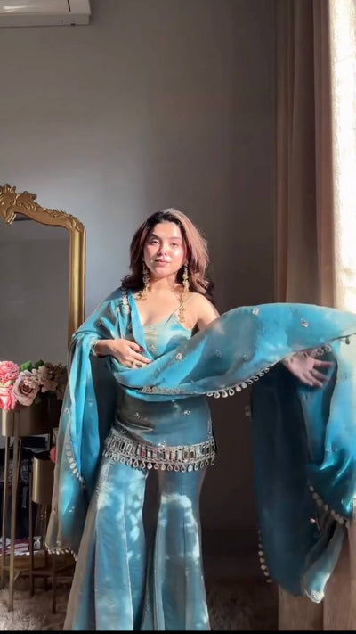 Sky Blue Color Fandy Silk With Sequence Work Sharara Suit For Wedding
