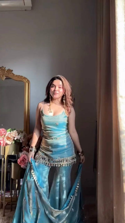 Sky Blue Color Fandy Silk With Sequence Work Sharara Suit For Wedding