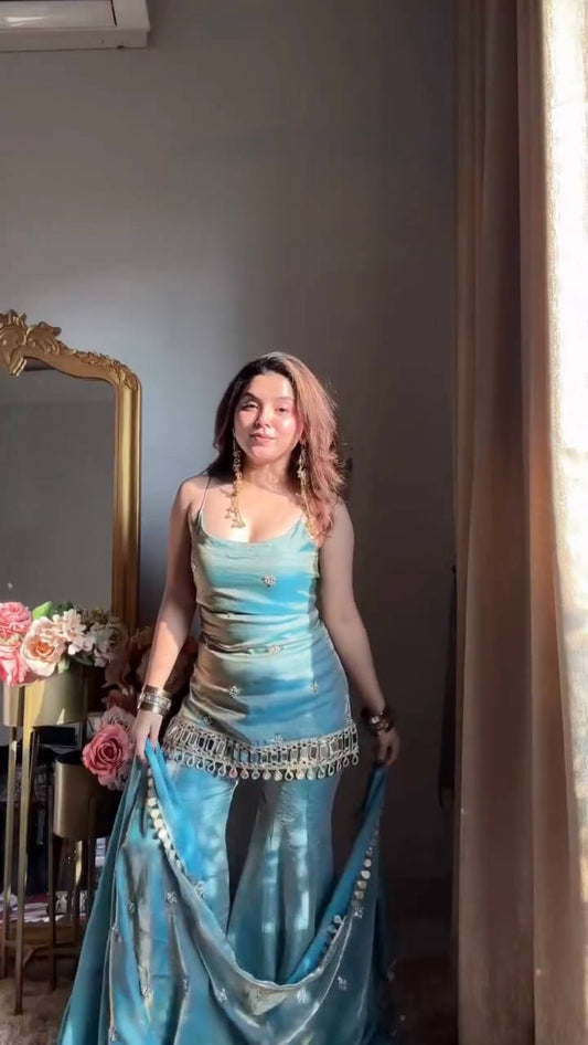 Sky Blue Color Fandy Silk With Sequence Work Sharara Suit For Wedding