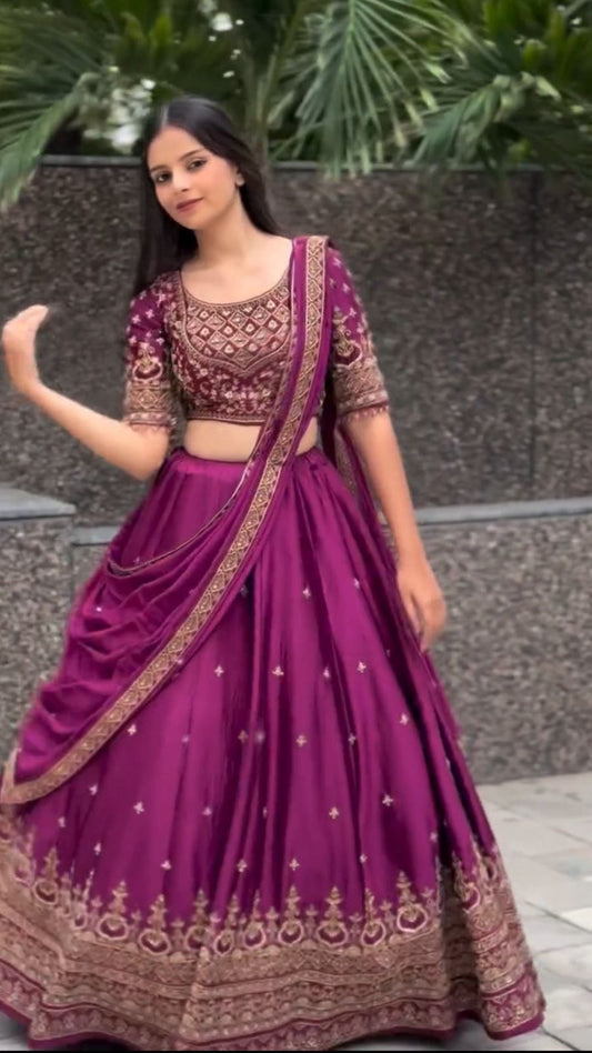 Purple Color Chinon Silk With Embroidery Work Lehenga Choli