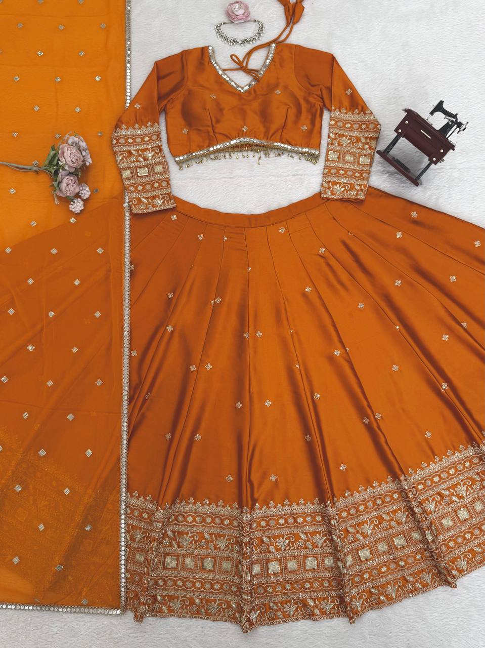 Rust Orange Color Japan Satin Silk Sequence Work Lehenga Choli