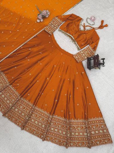 Rust Orange Color Japan Satin Silk Sequence Work Lehenga Choli