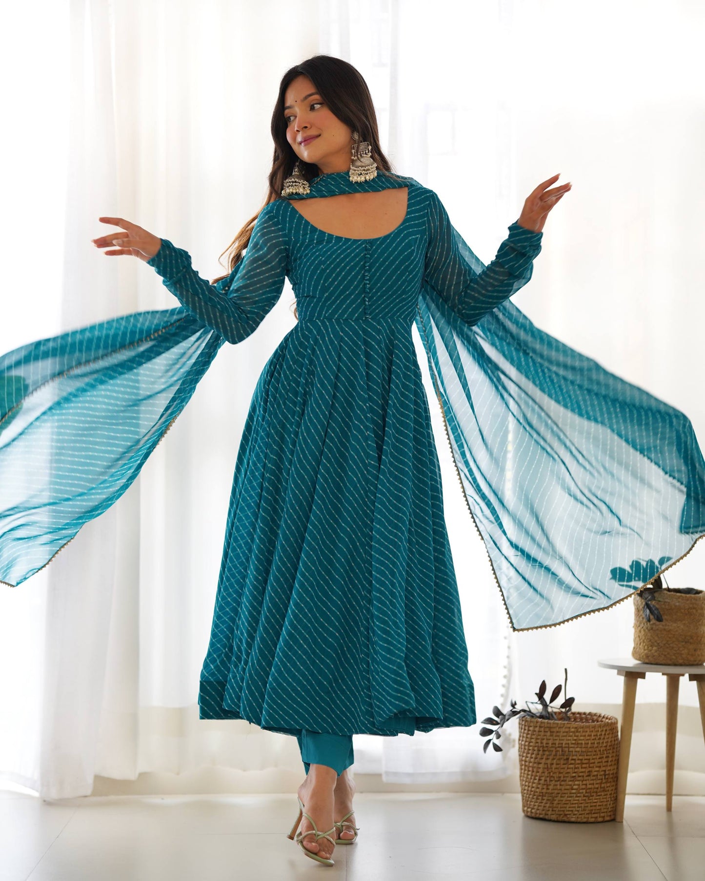 Sky Blue Color Georgette With Laheriya Printed Anarkali Suit