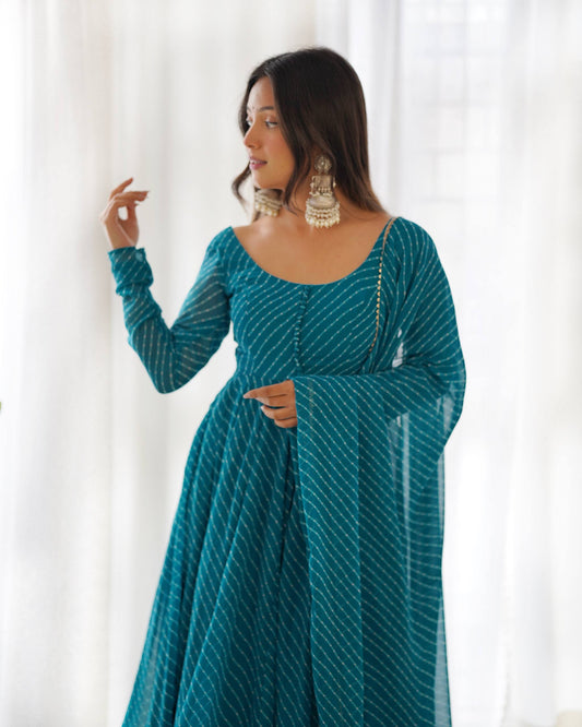 Sky Blue Color Georgette With Laheriya Printed Anarkali Suit
