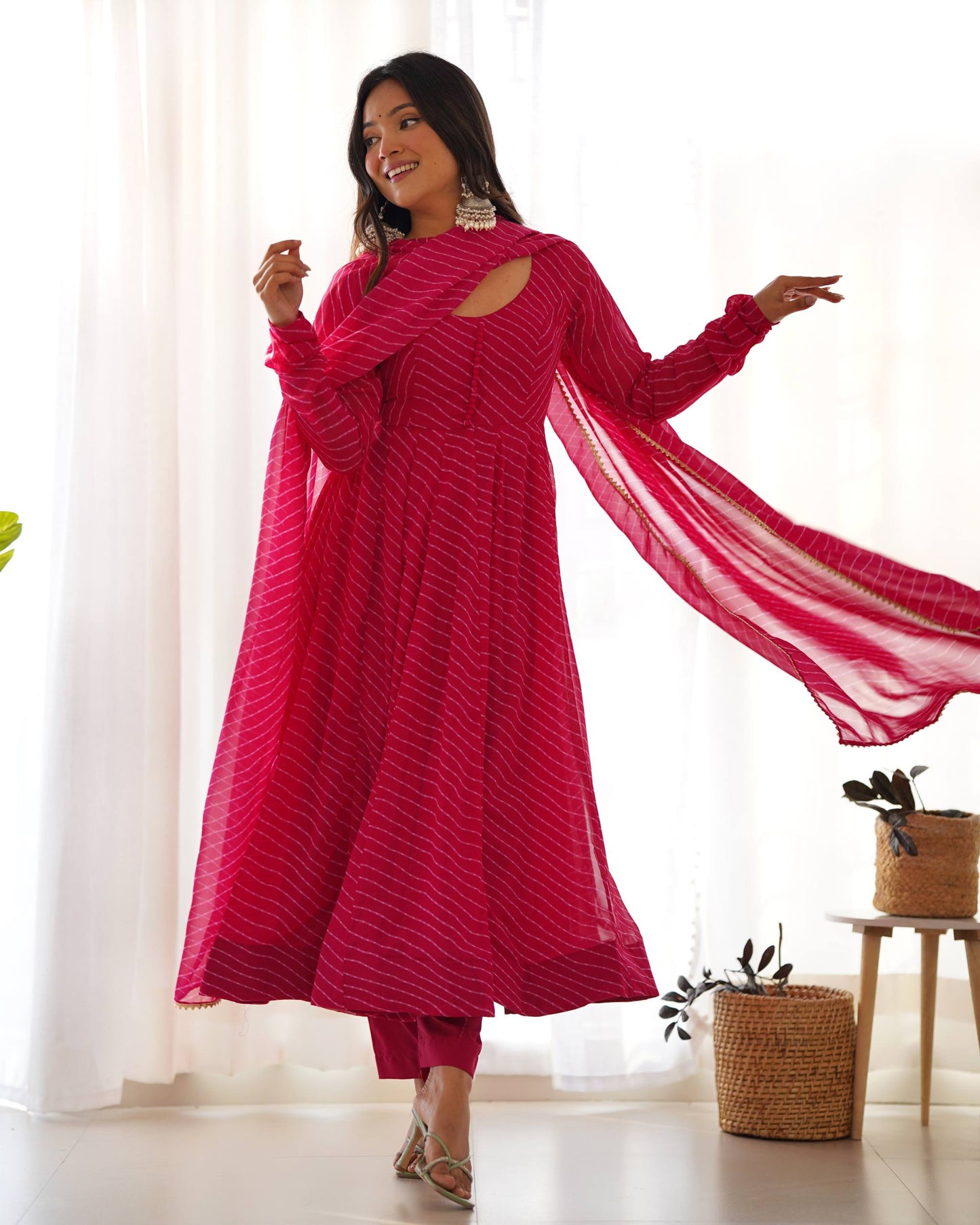 Pink Color Georgette With Laheriya Printed Three Piece Anarkali Suit