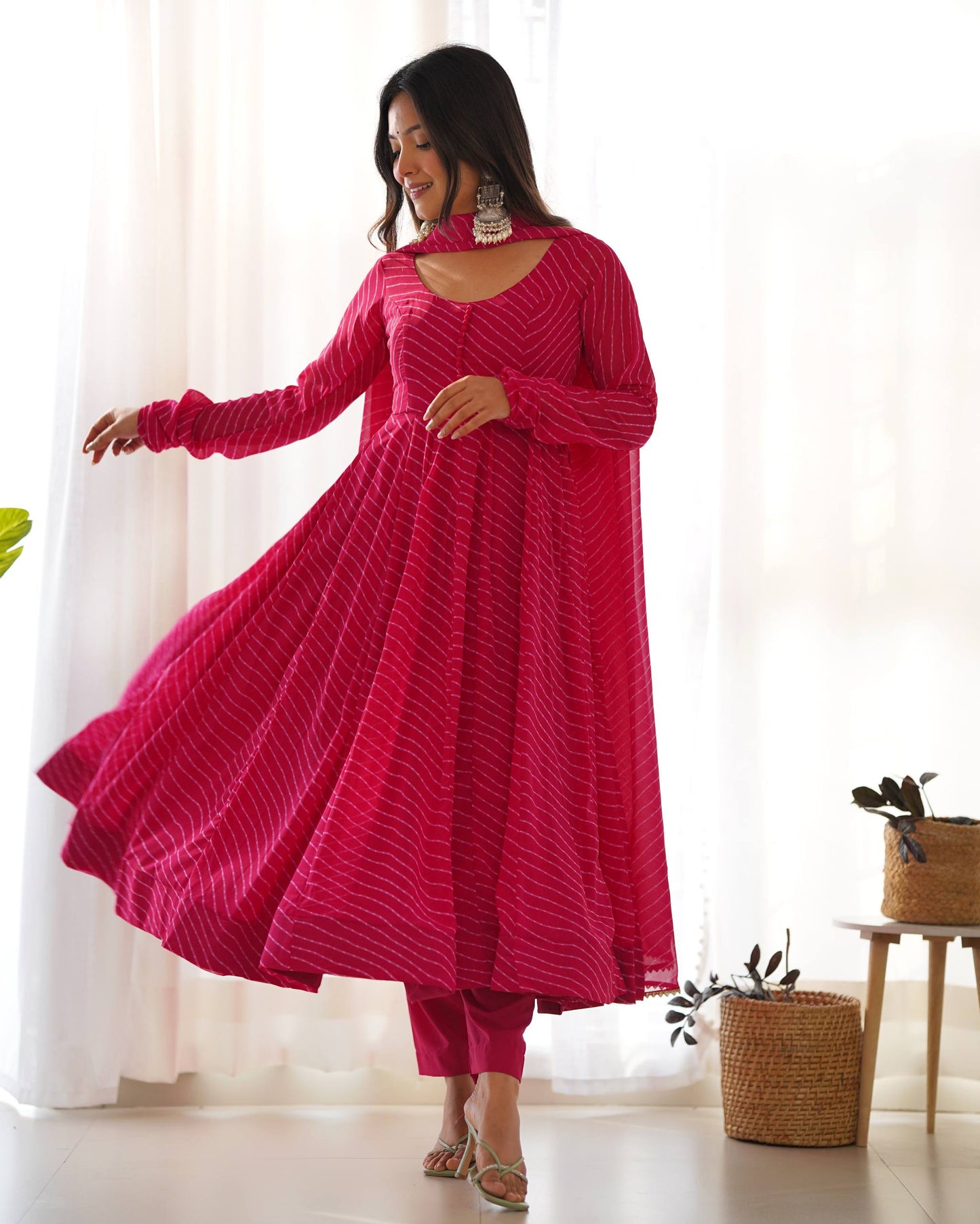 Pink Color Georgette With Laheriya Printed Three Piece Anarkali Suit