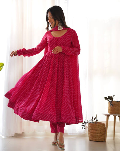 Pink Color Georgette With Laheriya Printed Three Piece Anarkali Suit