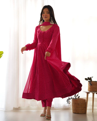 Pink Color Georgette With Laheriya Printed Three Piece Anarkali Suit