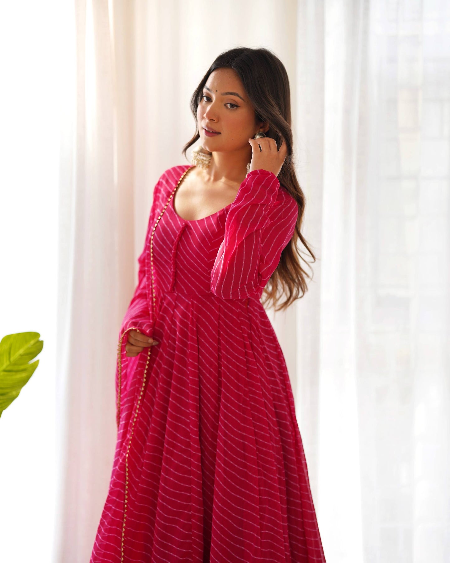 Pink Color Georgette With Laheriya Printed Three Piece Anarkali Suit
