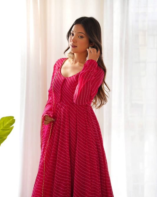Pink Color Georgette With Laheriya Printed Three Piece Anarkali Suit