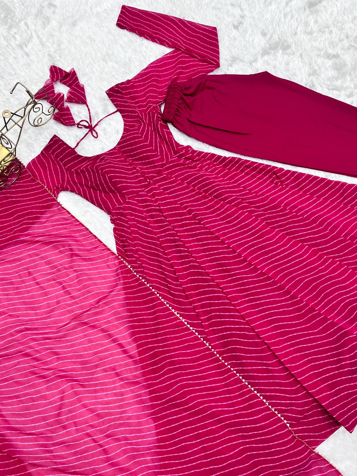 Pink Color Georgette With Laheriya Printed Three Piece Anarkali Suit
