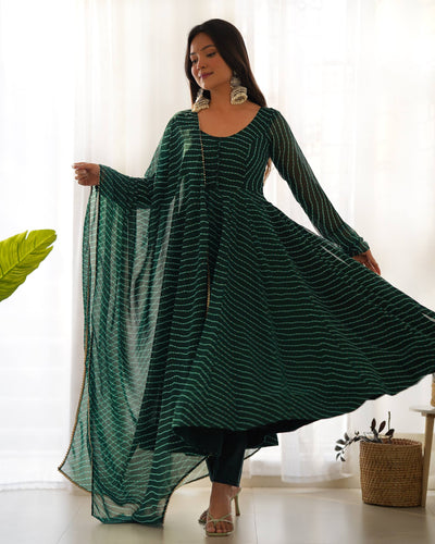 Stylish Green Color Laheriya Printed Anarkali Suit