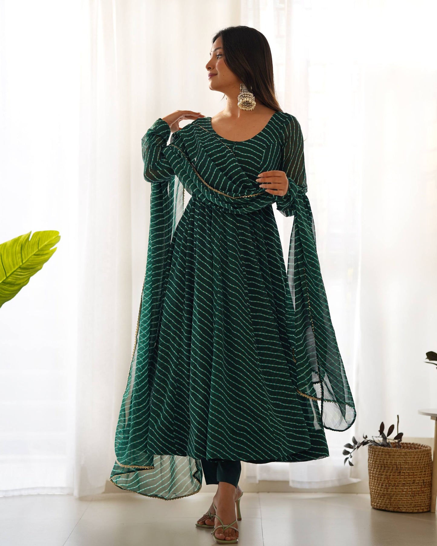 Stylish Green Color Laheriya Printed Anarkali Suit