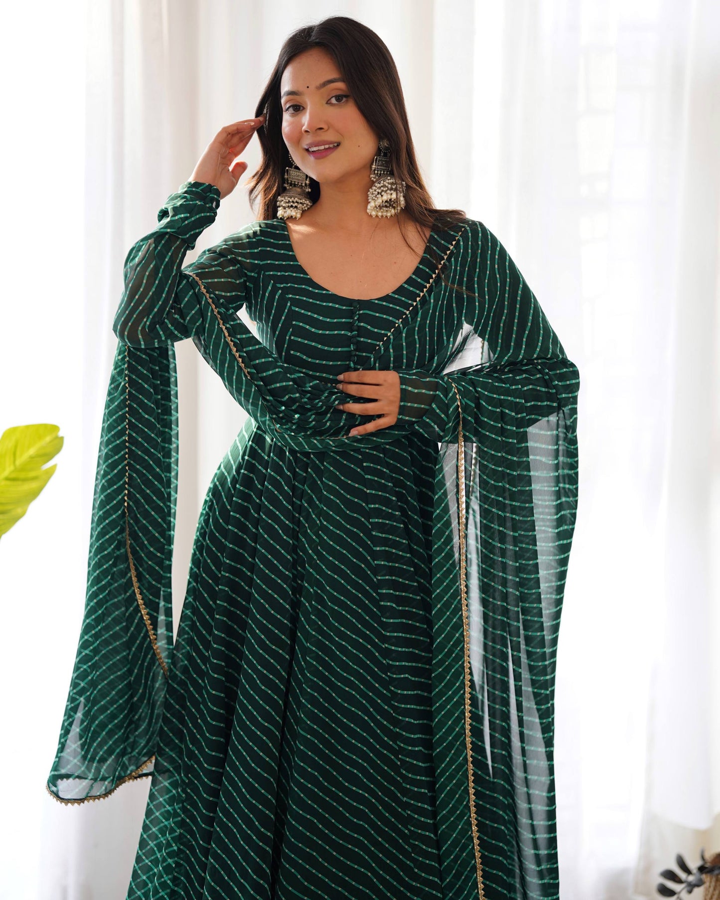 Stylish Green Color Laheriya Printed Anarkali Suit