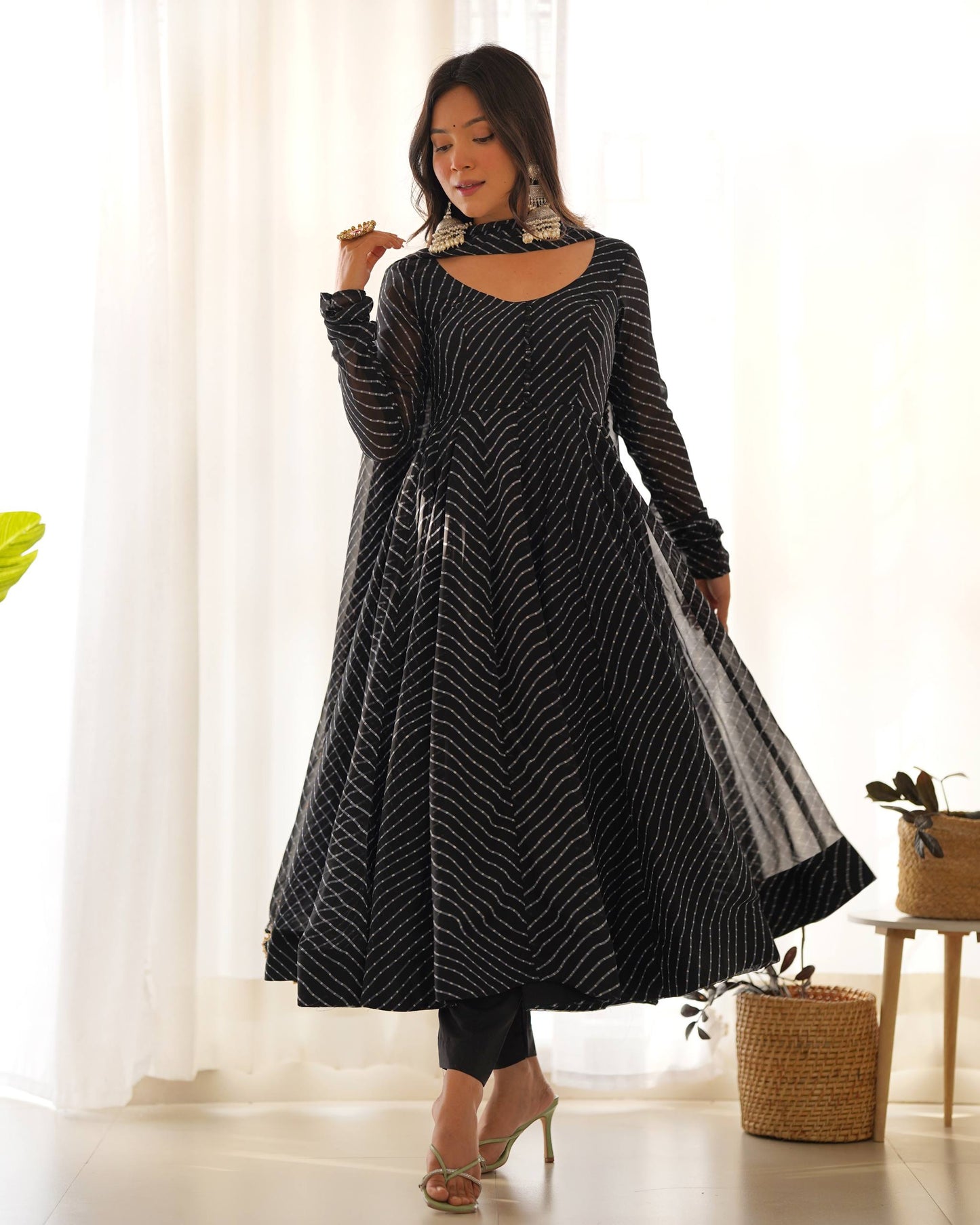 Classy Black Color Laheriya Printed Long Anarkali Suit