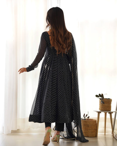 Classy Black Color Laheriya Printed Long Anarkali Suit