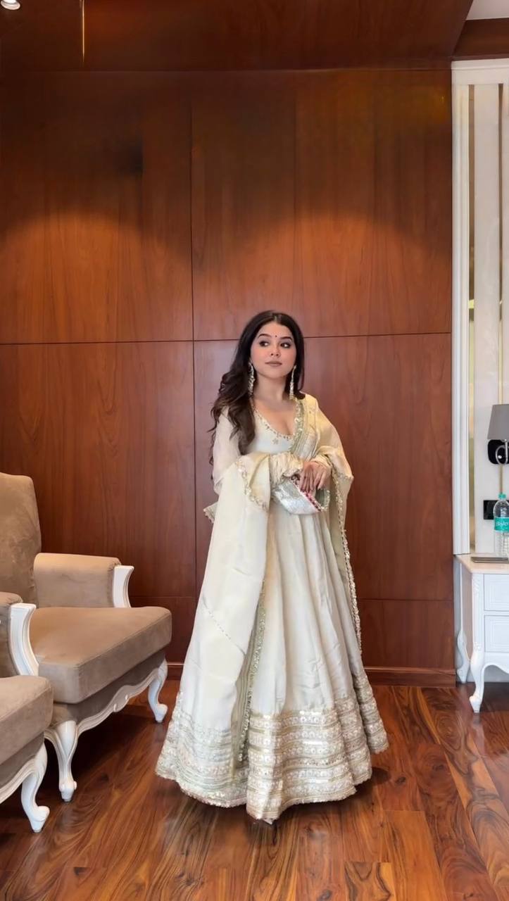 Off White Color Wedding Wear Heavy Anarkali Gown With Pent And Dupatta