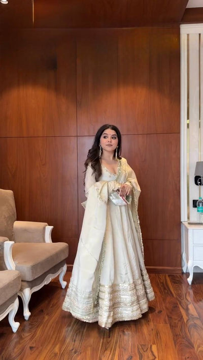 Off White Color Wedding Wear Heavy Anarkali Gown With Pent And Dupatta