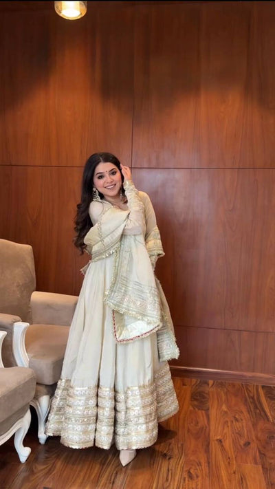 Off White Color Wedding Wear Heavy Anarkali Gown With Pent And Dupatta