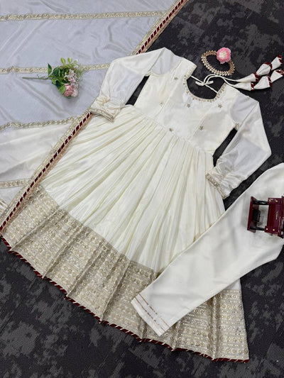 Off White Color Wedding Wear Heavy Anarkali Gown With Pent And Dupatta