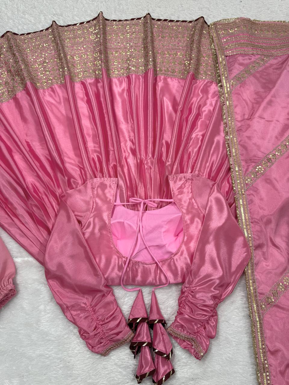 Pink Color Wedding Wear Chinon Silk Wear Long Gown With Dupatta