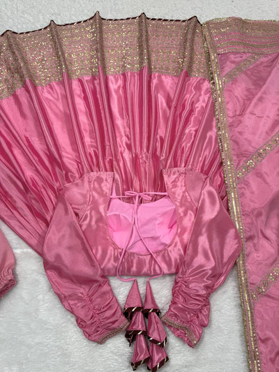 Pink Color Wedding Wear Chinon Silk Wear Long Gown With Dupatta