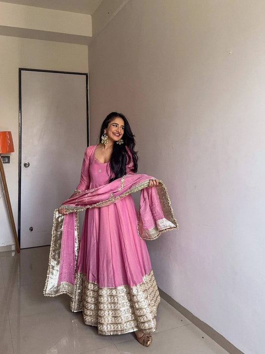 Pink Color Wedding Wear Chinon Silk Wear Long Gown With Dupatta