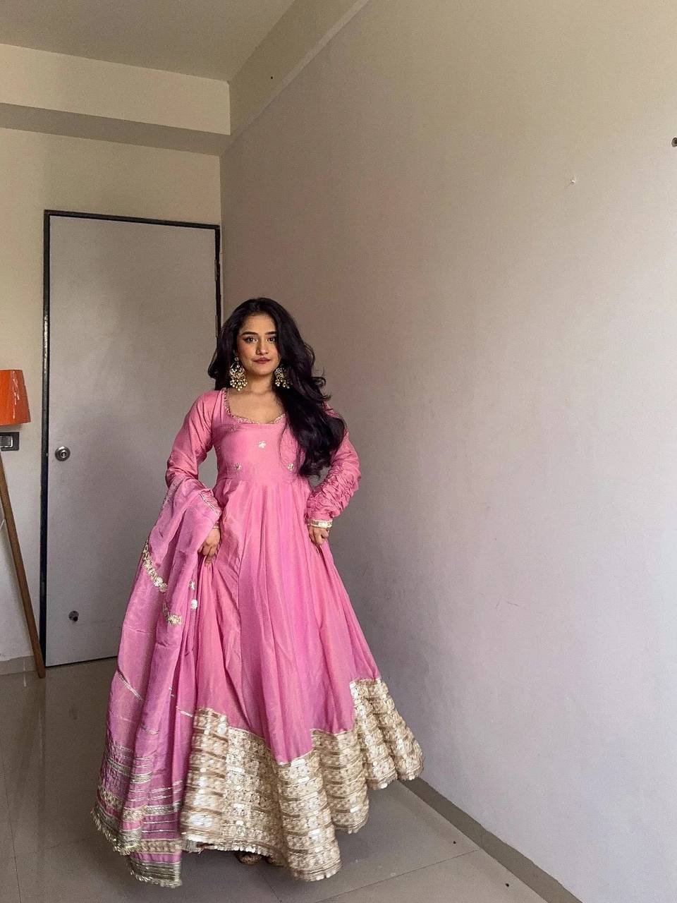 Pink Color Wedding Wear Chinon Silk Wear Long Gown With Dupatta