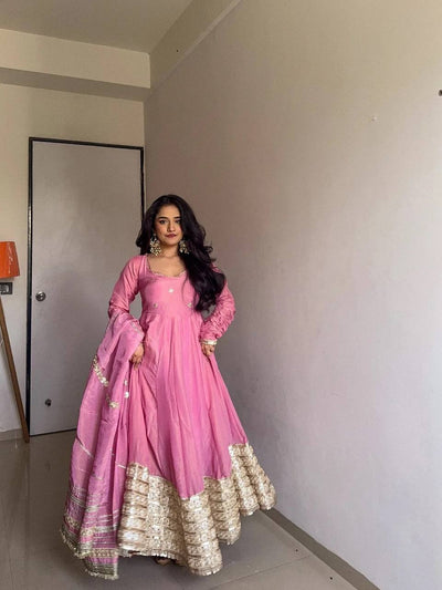 Pink Color Wedding Wear Chinon Silk Wear Long Gown With Dupatta