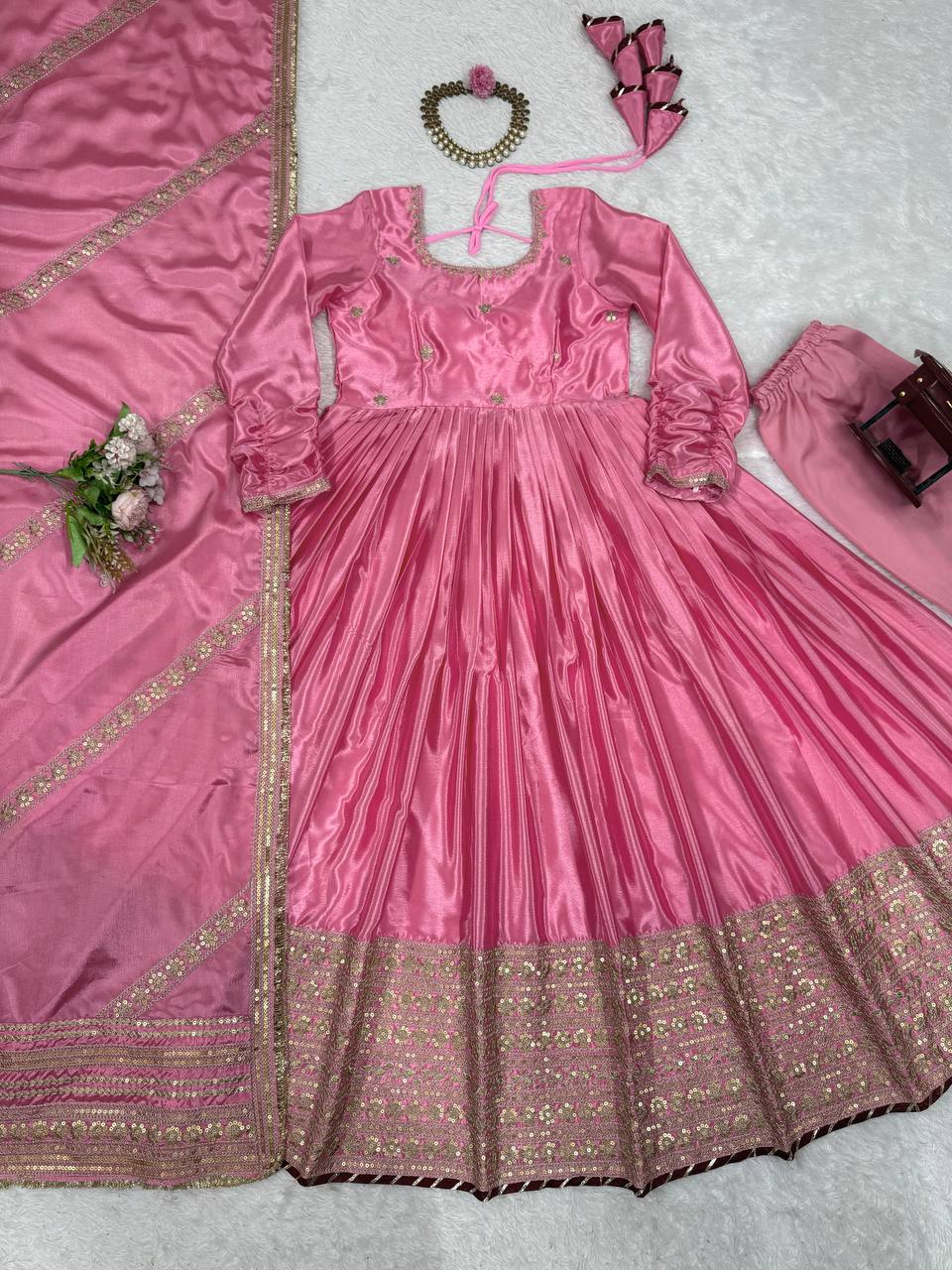 Pink Color Wedding Wear Chinon Silk Wear Long Gown With Dupatta