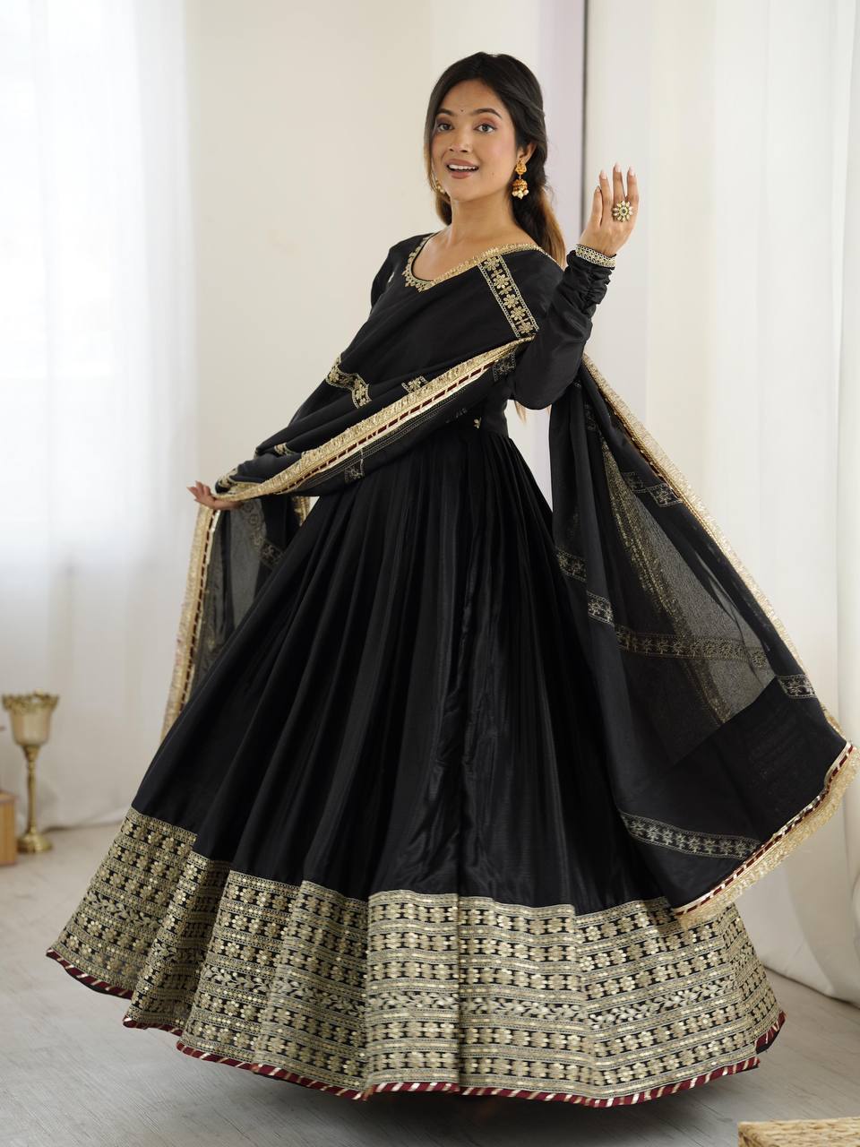 Black Color Chinon Silk With Sequence Work Long Gown with Dupatta