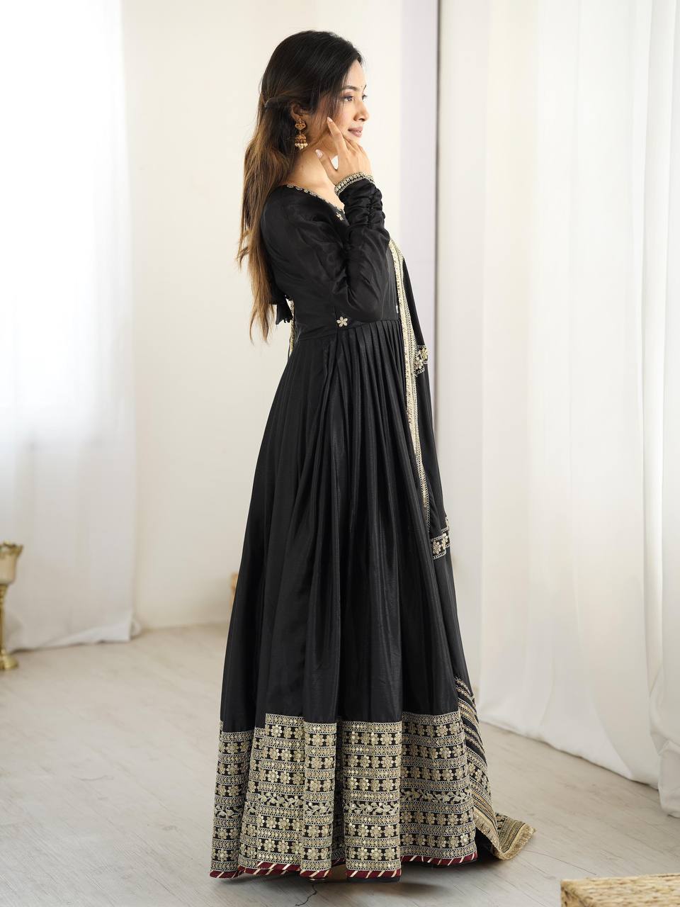 Black Color Chinon Silk With Sequence Work Long Gown with Dupatta