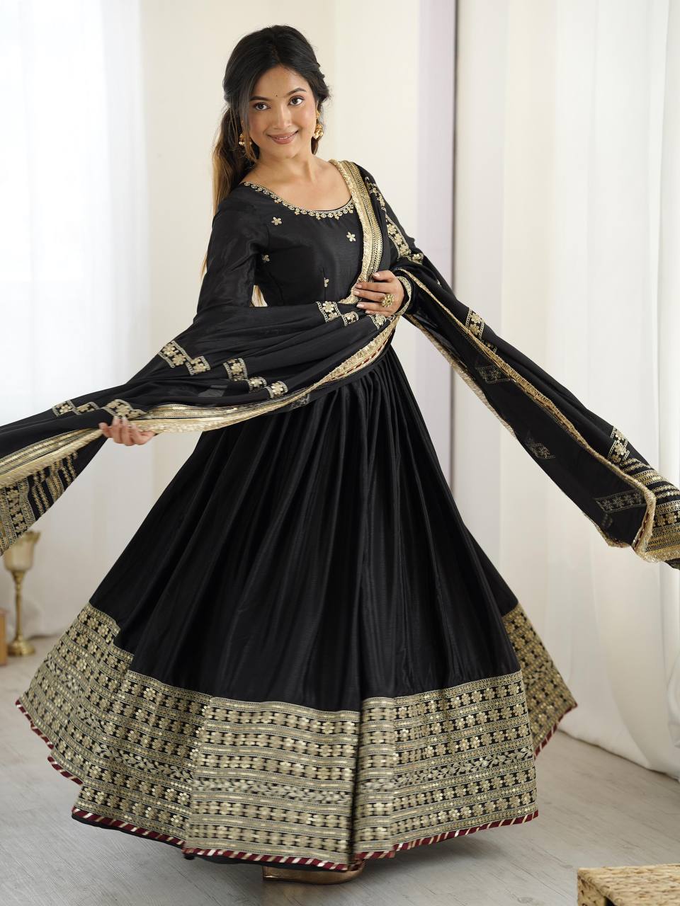 Black Color Chinon Silk With Sequence Work Long Gown with Dupatta