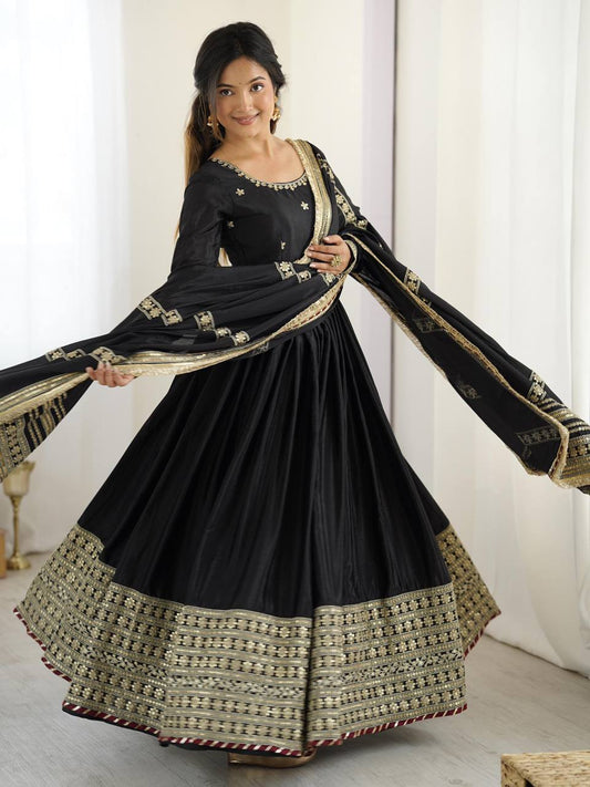 Black Color Chinon Silk With Sequence Work Long Gown with Dupatta