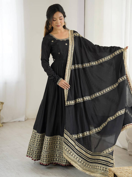 Black Color Chinon Silk With Sequence Work Long Gown with Dupatta