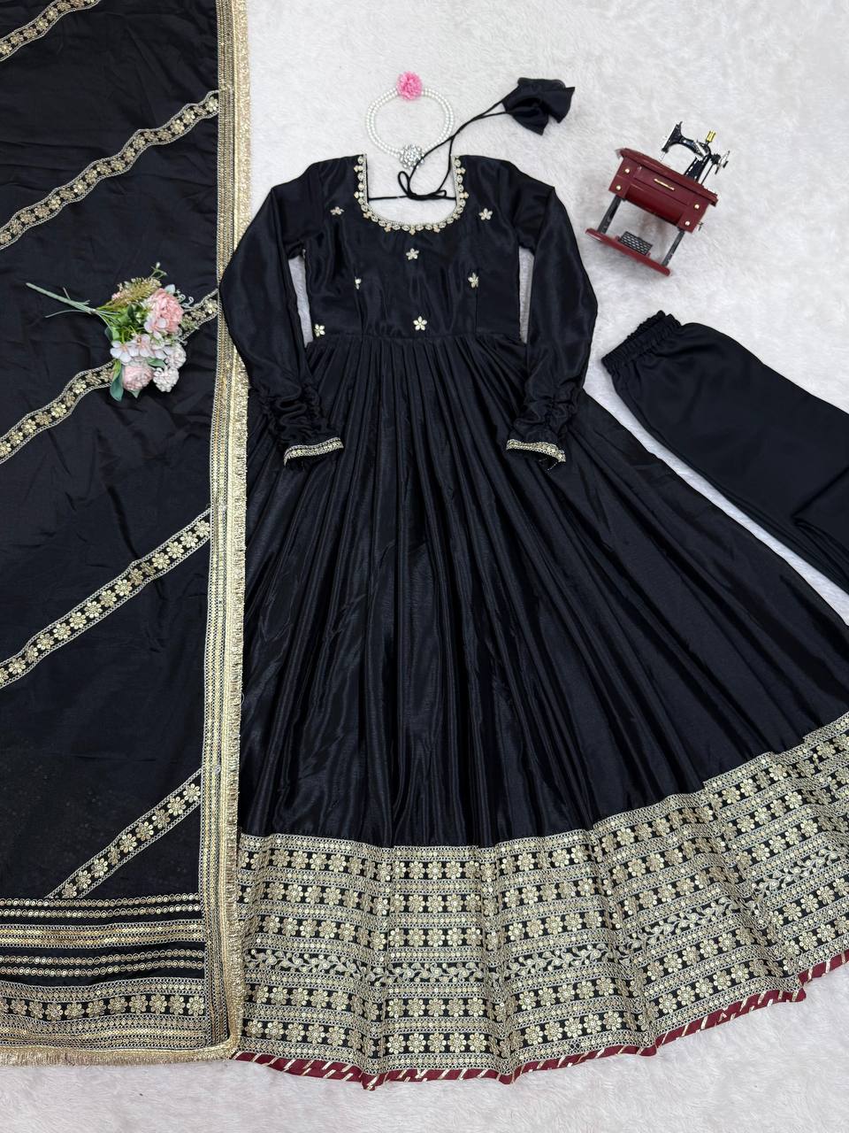 Black Color Chinon Silk With Sequence Work Long Gown with Dupatta