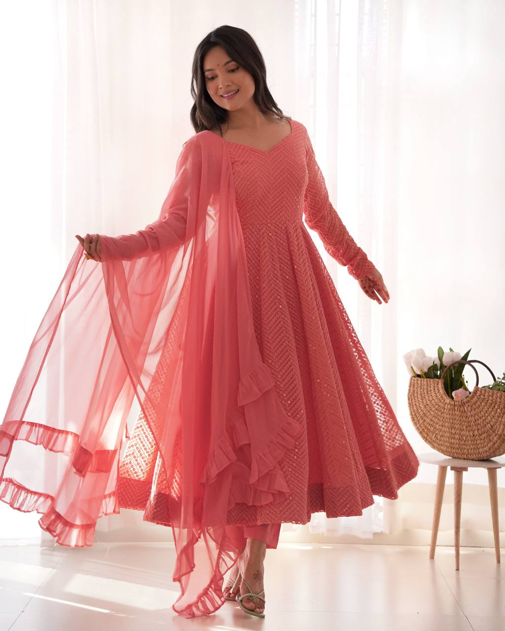 Peach Color Embroidery With Sequence Work Anarkali Suit