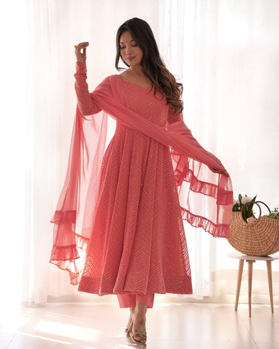 Peach Color Embroidery With Sequence Work Anarkali Suit