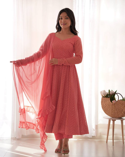 Peach Color Embroidery With Sequence Work Anarkali Suit