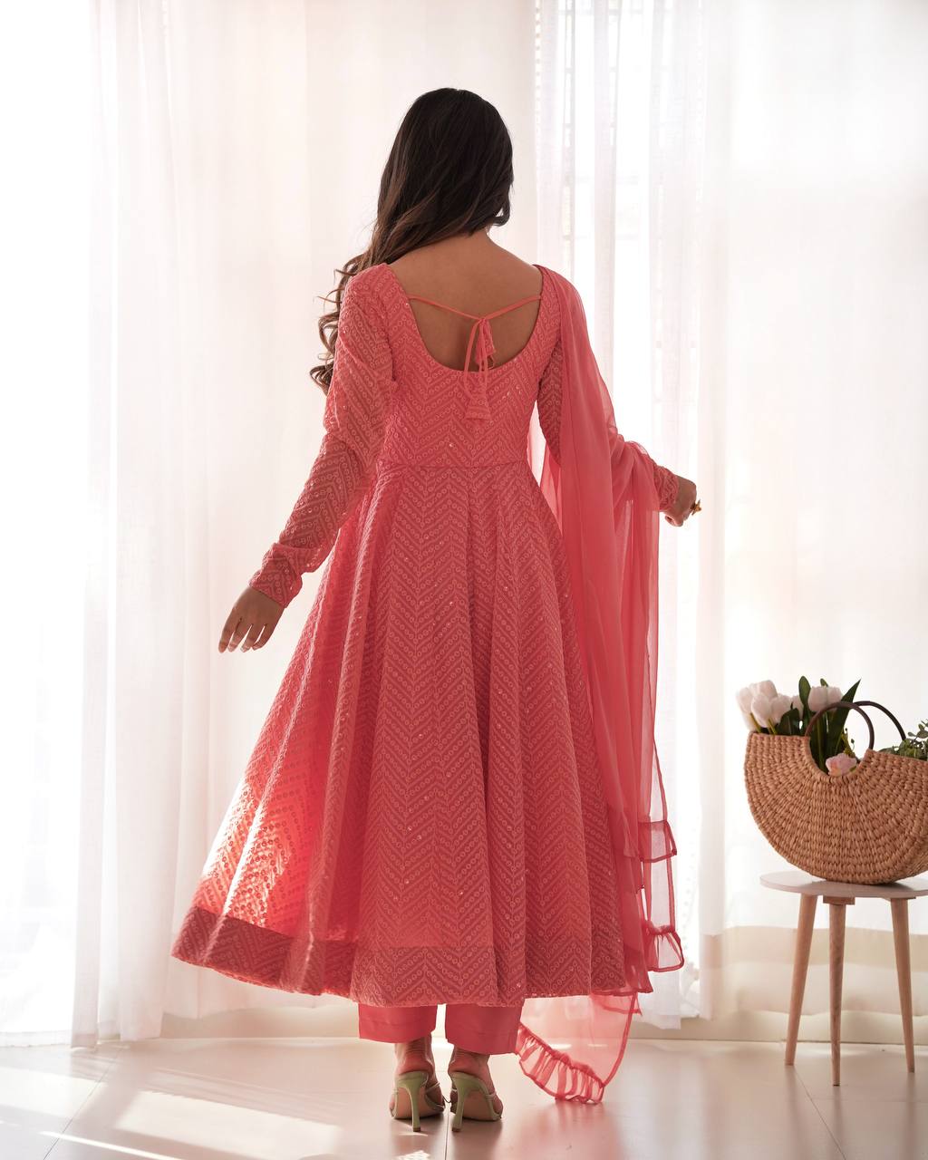Peach Color Embroidery With Sequence Work Anarkali Suit