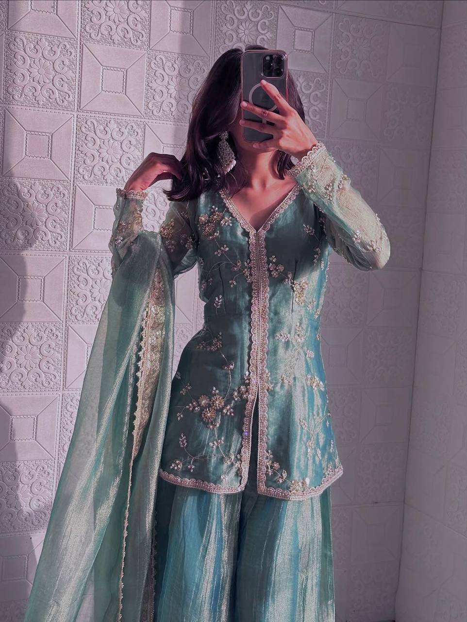Sky Blue Color Fandy Silk With Embroidery Sequence Work Sharara Suit