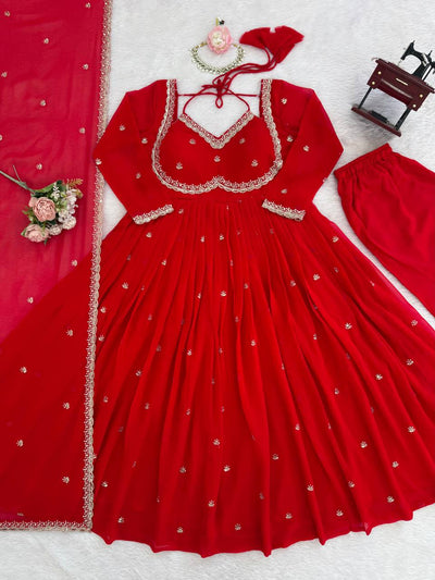 Beautiful Red Color Thread With Sequence Work Anarkali Suit