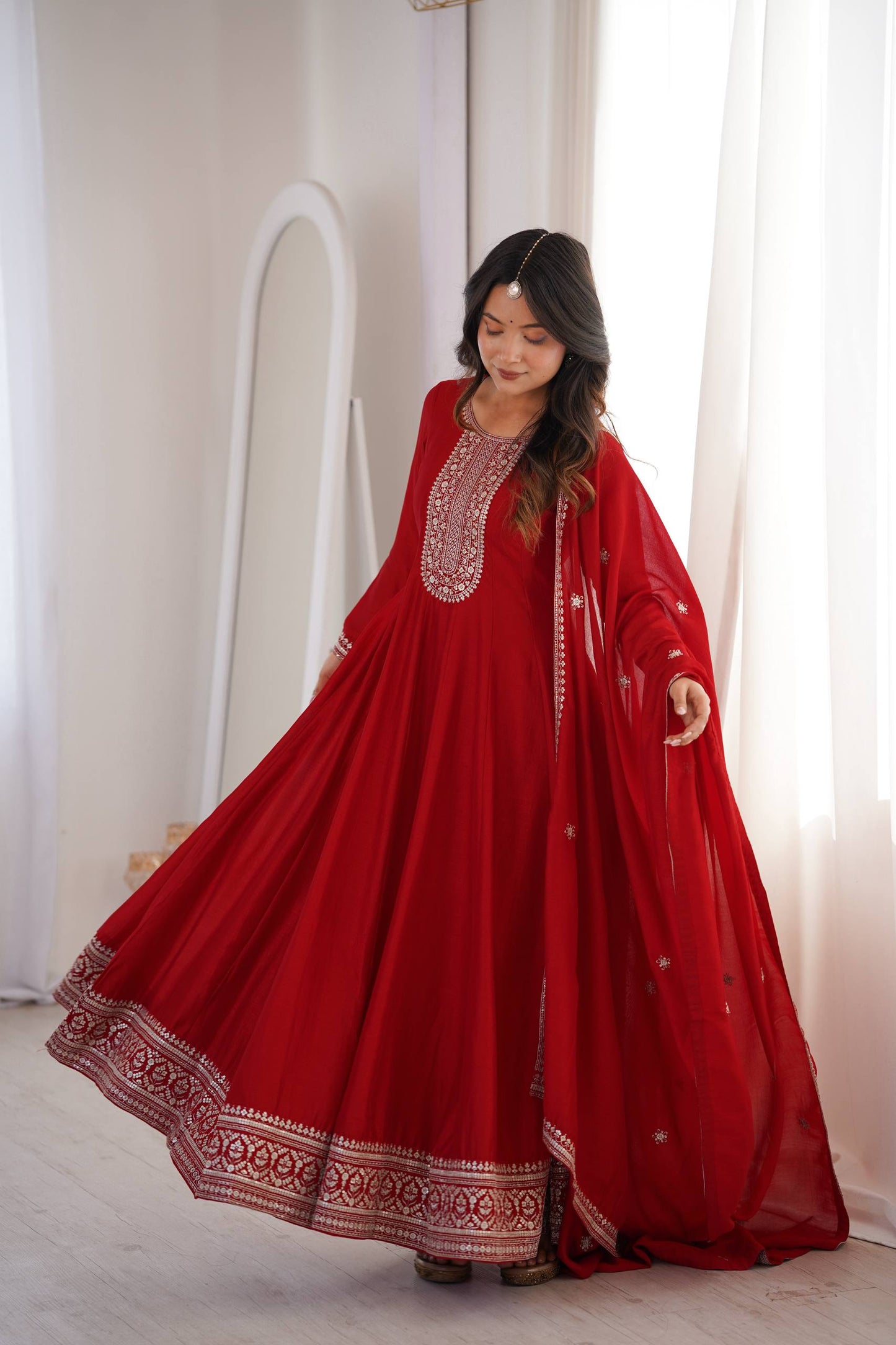 Beautiful Red Color Sequence Work Long Gown With Heavy Dupatta