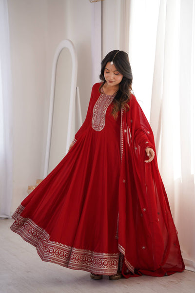 Beautiful Red Color Sequence Work Long Gown With Heavy Dupatta
