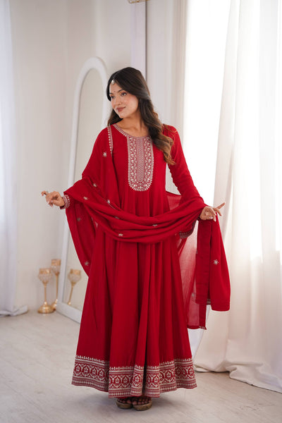Beautiful Red Color Sequence Work Long Gown With Heavy Dupatta