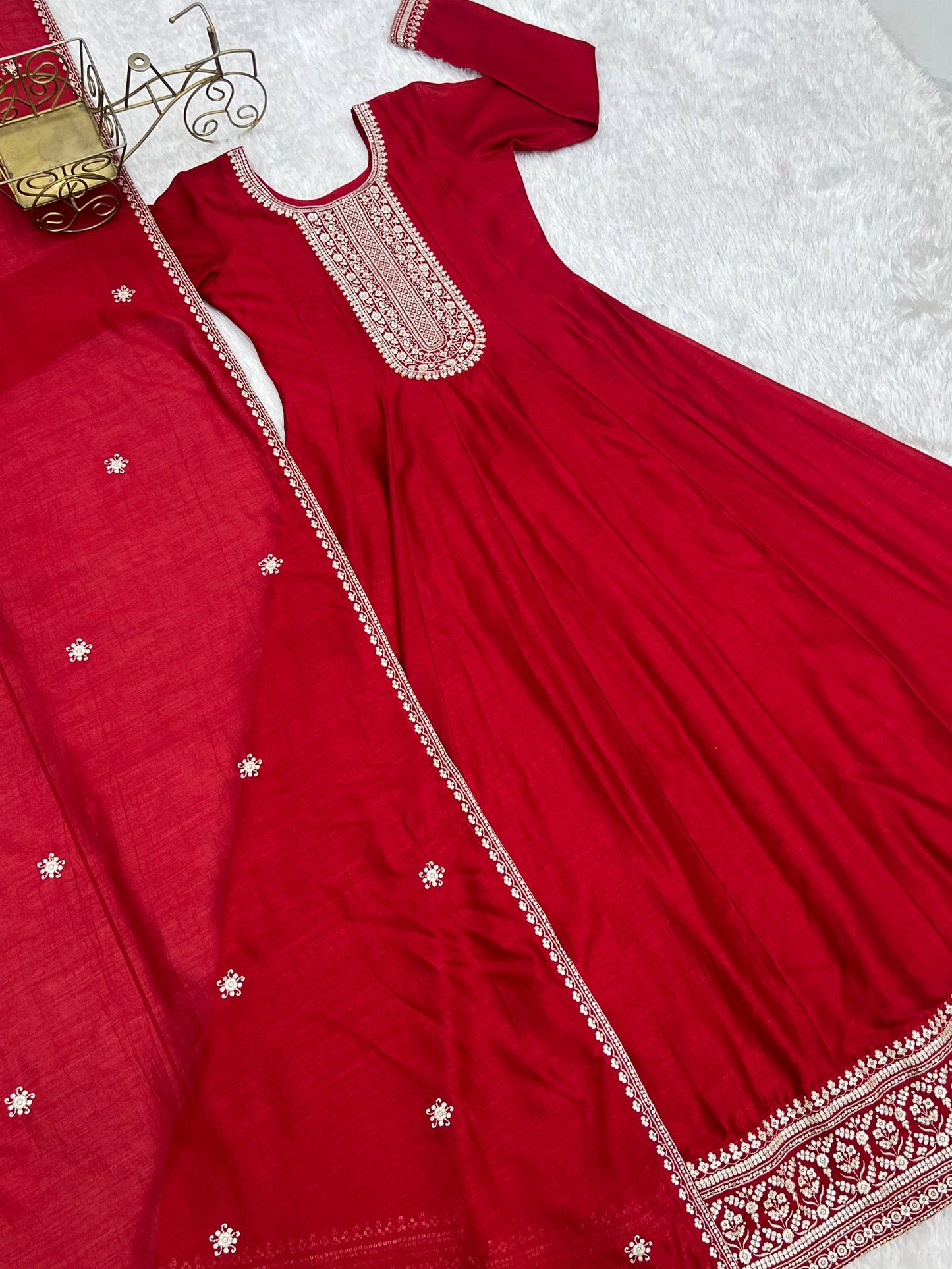 Beautiful Red Color Sequence Work Long Gown With Heavy Dupatta