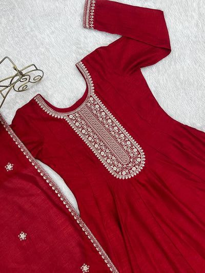 Beautiful Red Color Sequence Work Long Gown With Heavy Dupatta