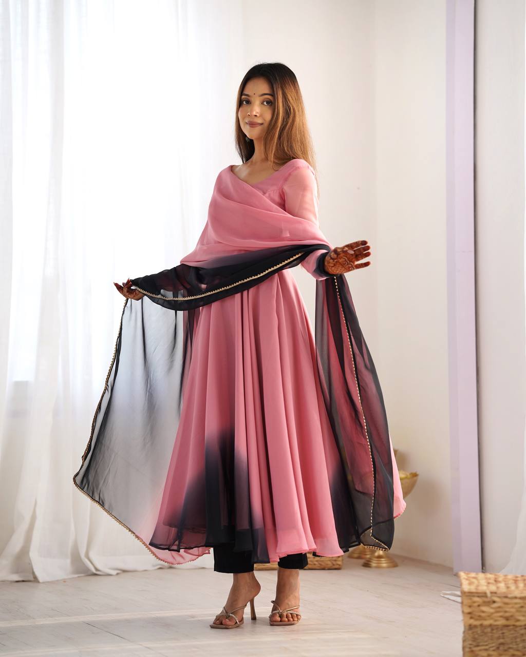 Peach And Black Color Georgette Wear Anarkali Suit