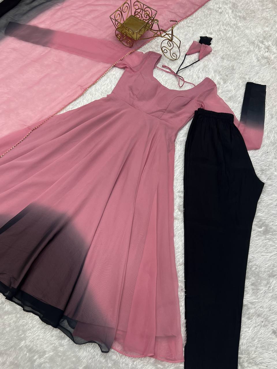 Peach And Black Color Georgette Wear Anarkali Suit