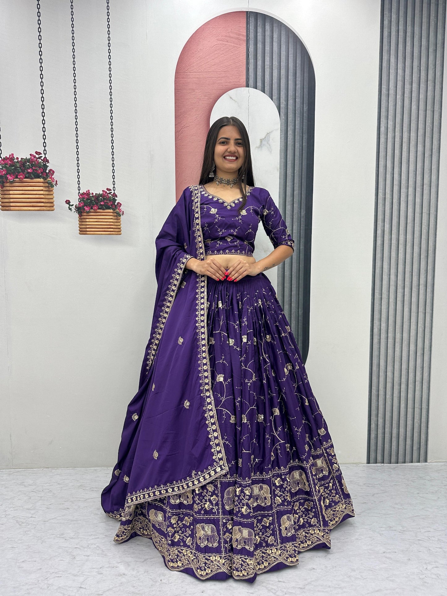Purple Crepe Silk Embroidery And Sequence Work Lehenga Choli